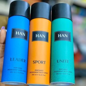HAN DEODORANT BODY SPRAY COLLECTION
Men / Women / Unisex | Perfumed Deodorant Body Spray | 250ml | HAN by CHF Heron Nigeria Ltd | Made in Nigeria